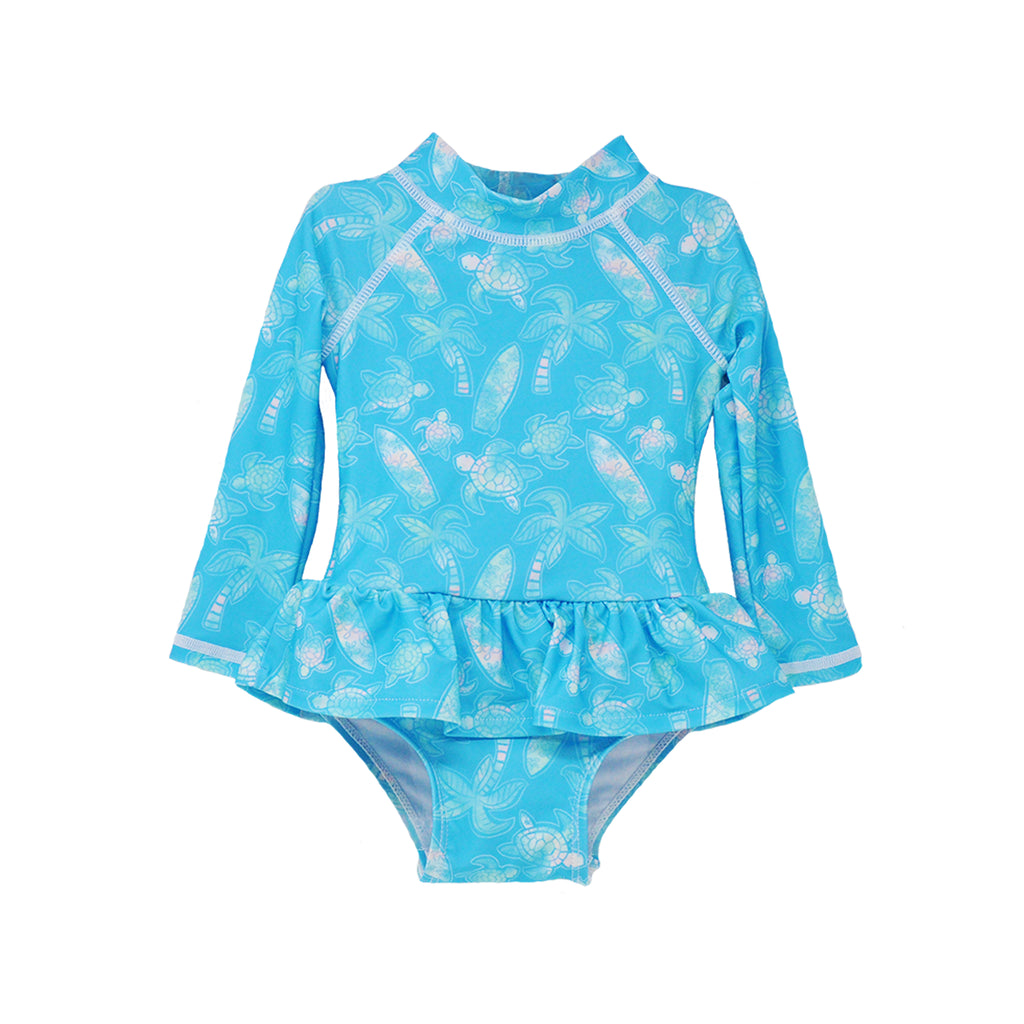 Flap Happy Kids UPF 50+ Infant Ruffle Rash Guard swimsuit in Coco Beach Turtles for sun protection. The Print is Turquoise with watercolor turtles. surfboards and palm trees.