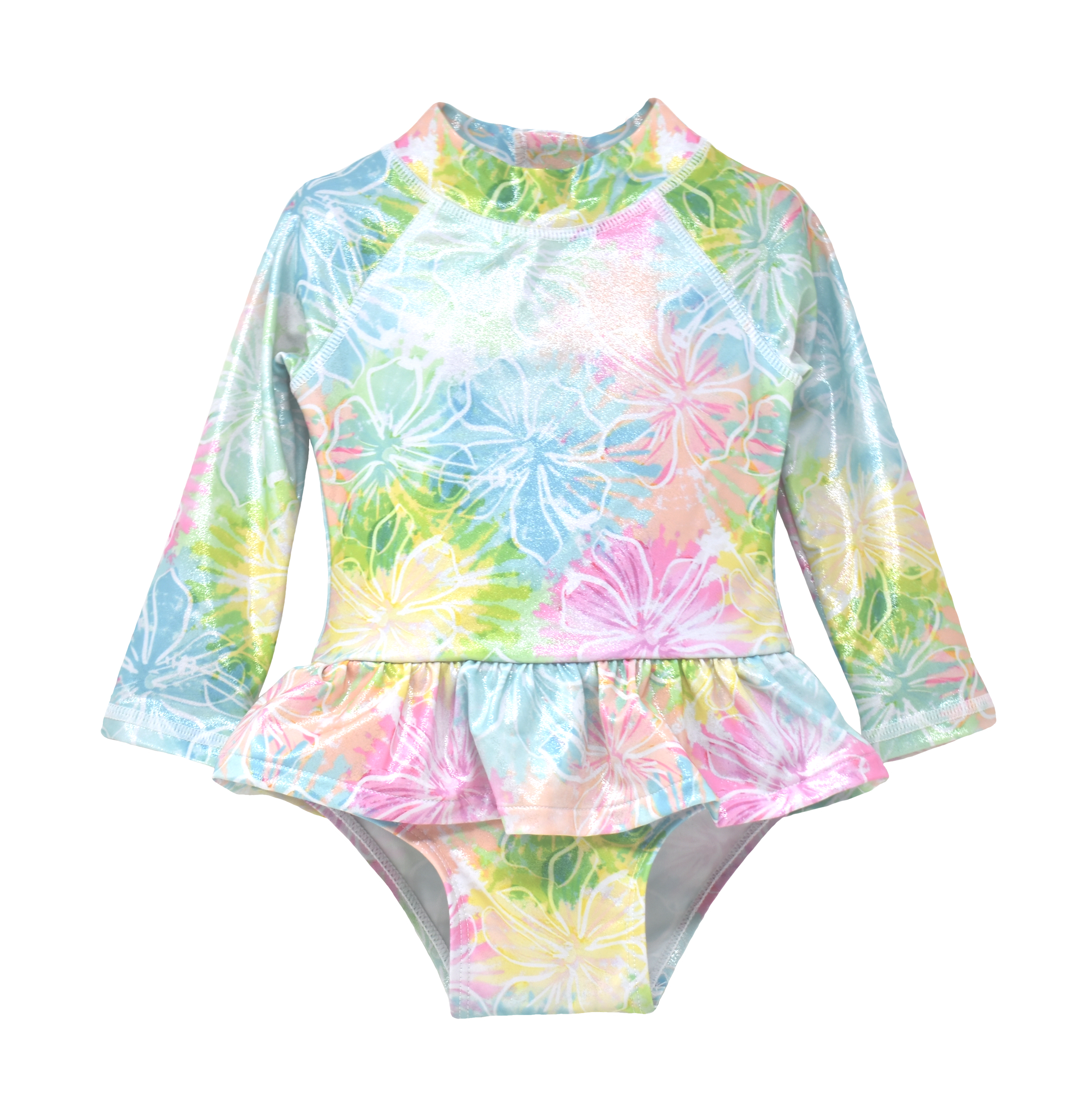 UPF 50+ Alissa Infant Ruffle Rash Guard Swimsuit - Hibiscus Blooms. Sparkly multicolored watercolor long sleeve one piece swimsuit with white linework hibiscus flowers.