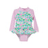  Flap Happy Infants UPF 50+ Ruffle Rash Guard swimsuit in Lotus and Lilies. The print has Pink Lillies and bright green lotus, with sweet pink stripes.