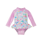  Flap Happy Infants UPF 50+ Ruffle Rash Guard swimsuit in Mermaid Friends. The print has fishes, whales and turtles. with water waves and flowers on a white background.