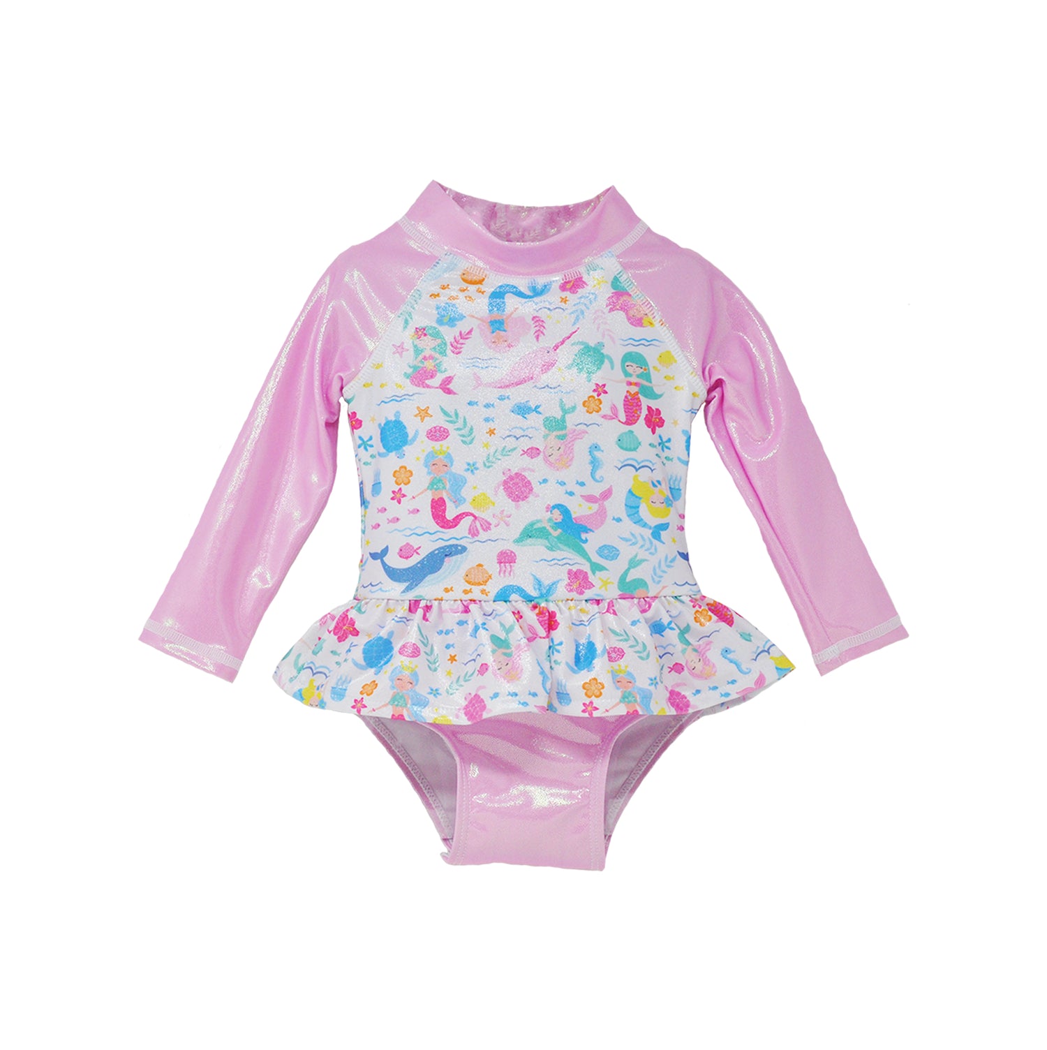  Flap Happy Infants UPF 50+ Ruffle Rash Guard swimsuit in Mermaid Friends. The print has fishes, whales and turtles. with water waves and flowers on a white background.