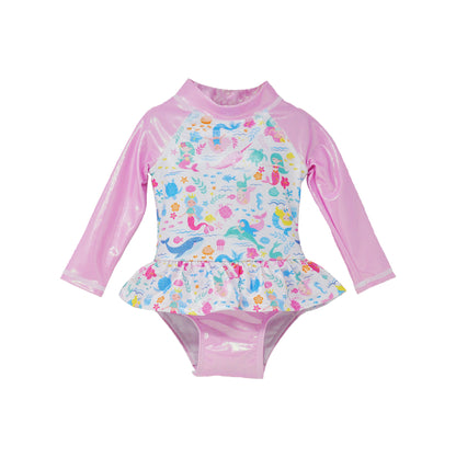  Flap Happy Infants UPF 50+ Ruffle Rash Guard swimsuit in Mermaid Friends. The print has fishes, whales and turtles. with water waves and flowers on a white background.