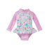  Flap Happy Infants UPF 50+ Ruffle Rash Guard swimsuit in Mermaid Friends. The print has fishes, whales and turtles. with water waves and flowers on a white background.