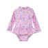  Flap Happy Infants UPF 50+ Ruffle Rash Guard swimsuit in Sail Away. The print has Blue and Pink colored  sail boats. With bright yellow sun and  small colorful rainbows.  