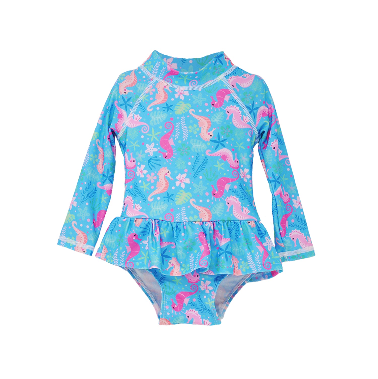  Flap Happy Infants UPF 50+ Ruffle Rash Guard swimsuit in Seahorse Garden. The print has Pink and Orange seahorses, under water gardens on a blue background.
