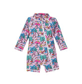 Flap Happy Kids UPF 50+ Shorties Surf Swimsuit in Island Doodles for sun protection. The Print is pink with colorful sailboats and palm trees.