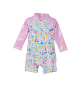 Flap Happy Kids UPF 50+ Shorties Surf Swimsuit in Mermaid Friends for sun protection. The Print is pink with colorful mermaids. surrounded by turtles, whales and fishes. with shiny pink sleaves.
