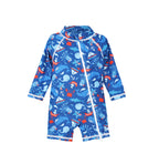 Flap Happy Kids UPF 50+ Shorties Surf Swimsuit in Nautical Fun for sun protection. The Print is Navy with Light Blue whales, Octopus, sailboats and Red crabs.