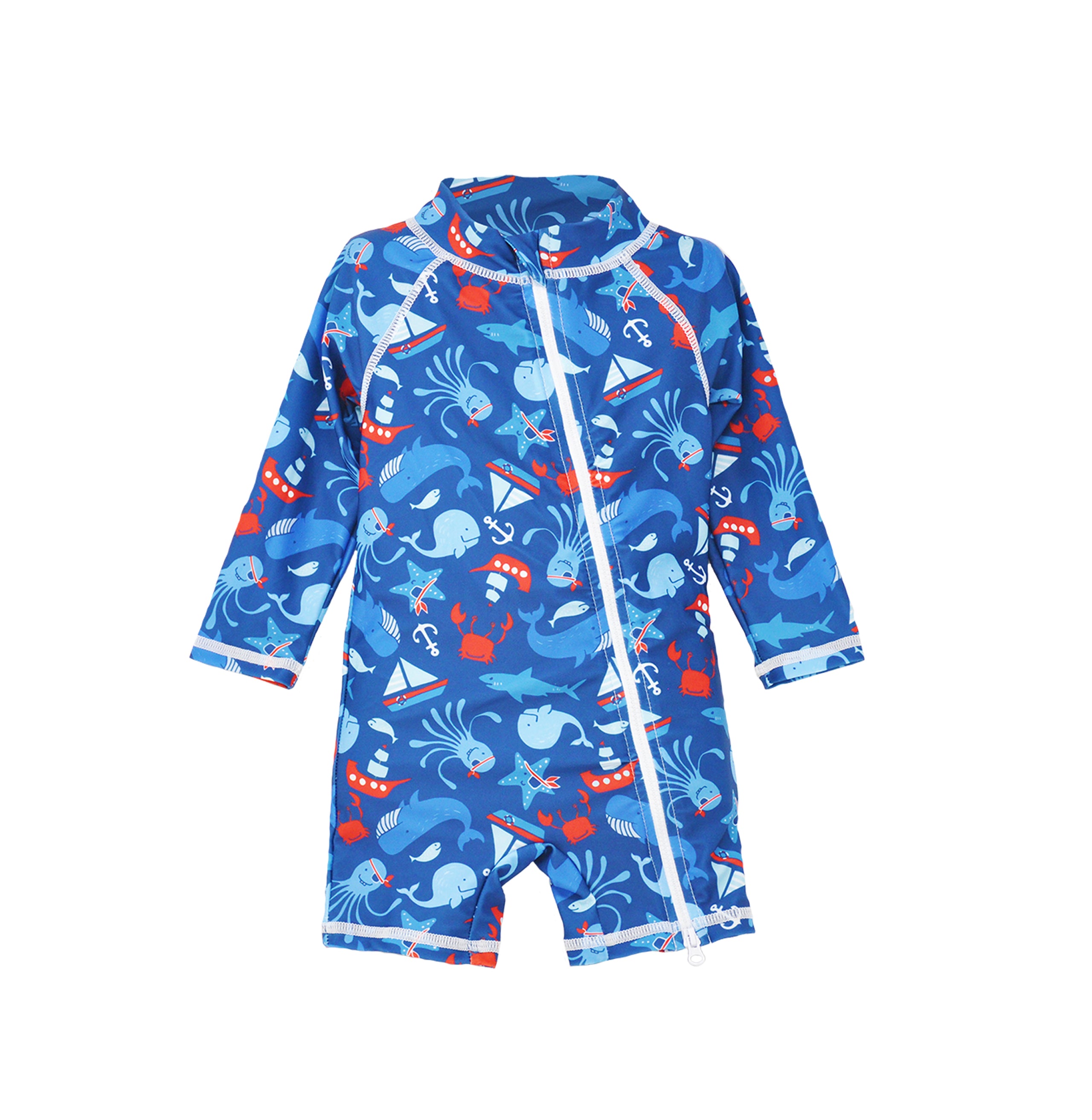 Flap Happy Kids UPF 50+ Shorties Surf Swimsuit in Nautical Fun for sun protection. The Print is Navy with Light Blue whales, Octopus, sailboats and Red crabs.
