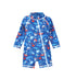 Flap Happy Kids UPF 50+ Shorties Surf Swimsuit in Nautical Fun for sun protection. The Print is Navy with Light Blue whales, Octopus, sailboats and Red crabs.