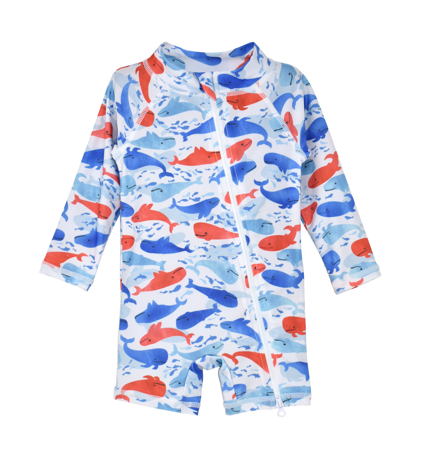 UPF 50+ Shortie Surf Swimsuit - Splish Splash Whale Blue. White, long sleeve romper with red, light blue and dark blue watercolor whales. White full length zipper on front. Knee length.