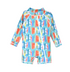UPF 50+ Shortie Surf Swimsuit - Surfing Safari. Turquoise long sleeve romper with orange, green blue, and yellow surfboards. White full length zipper on front. Knee length.