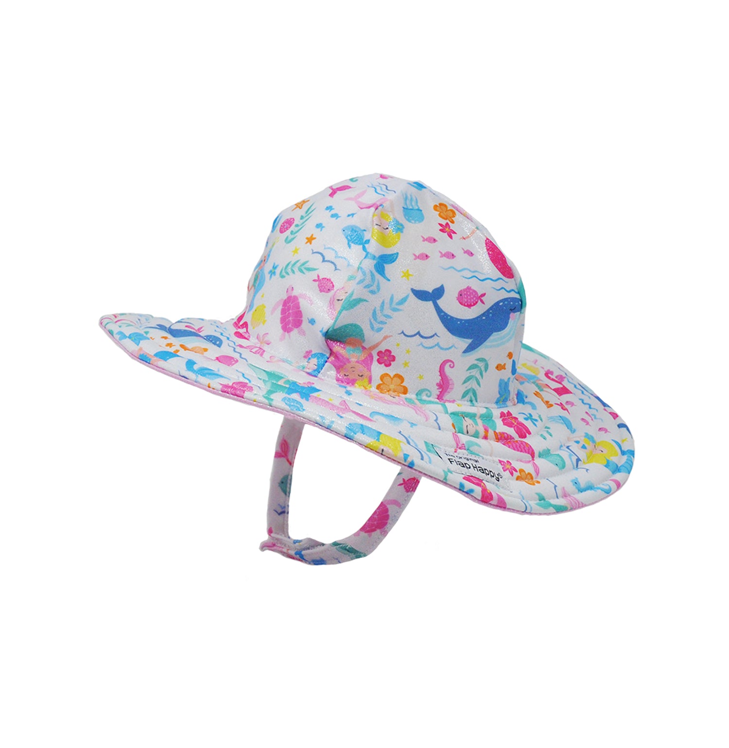 Flap Happy Kids UPF 50+ Summer Splash Swim Hat in Mermaid Friends for sun protection. The Print is white background with colorful mermaid surrounded by whale, turtles and fishes.