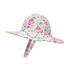 UPF 50+ Summer Splash Swim Hat - Flamingo Party. White hat with light and dark pink flamingos, green palm trees, pink and yellow hibiscus flowers, and multicolor polka dots. Velcro chin strap.