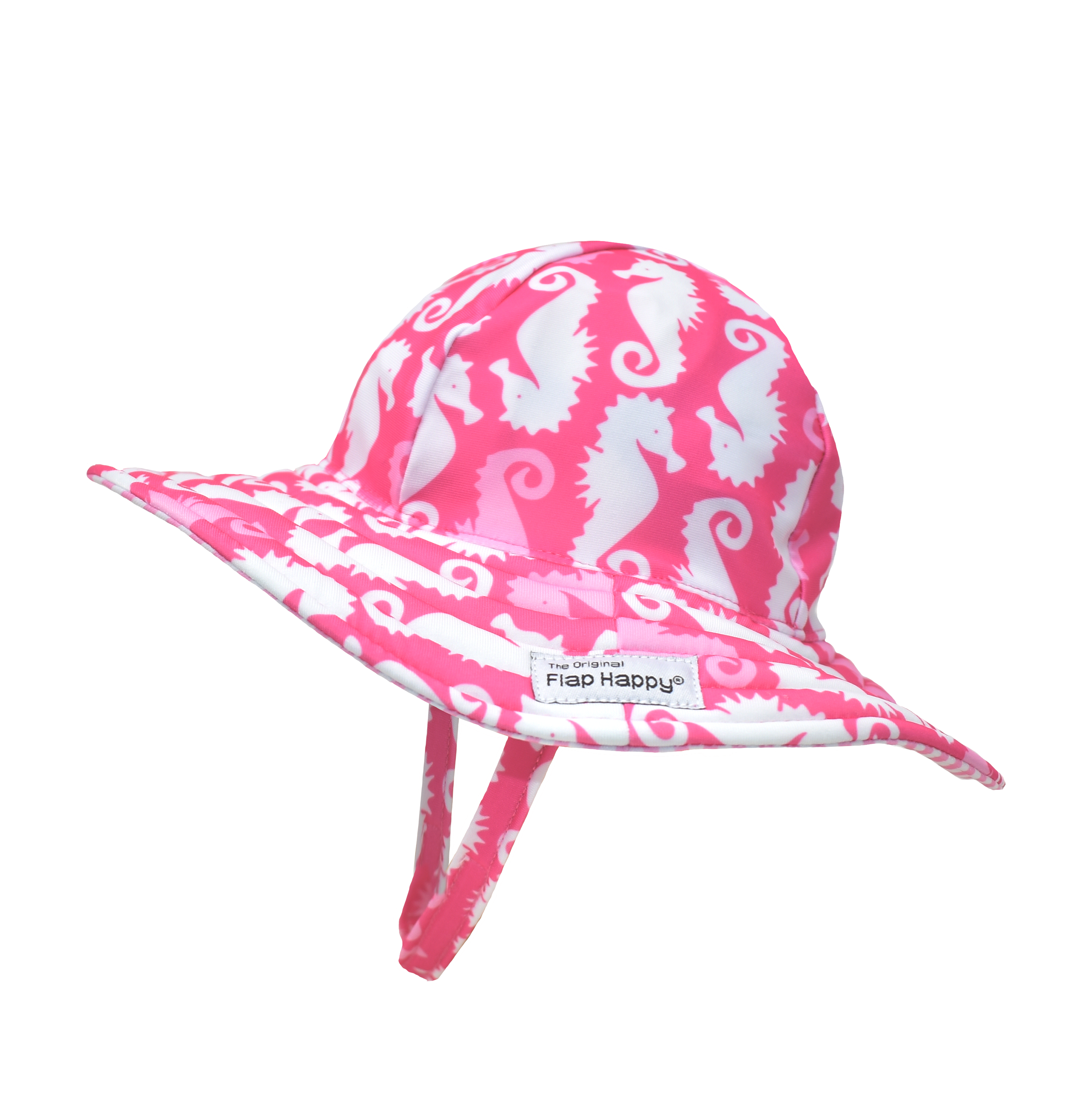 UPF 50+ Summer Splash Swim Hat - Happy Pink Seahorses. Hot pink hat with light pink and white seahorses. Velcro chin strap.