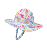 UPF 50+ Summer Splash Swim Hat - Sparkly white hat with multicolored mermaids, pink narwhales, jellyfish, turtles, starfish and shells. Sparkly turquoise mermaid scale fabric on underside of brim. Velcro chin strap.
