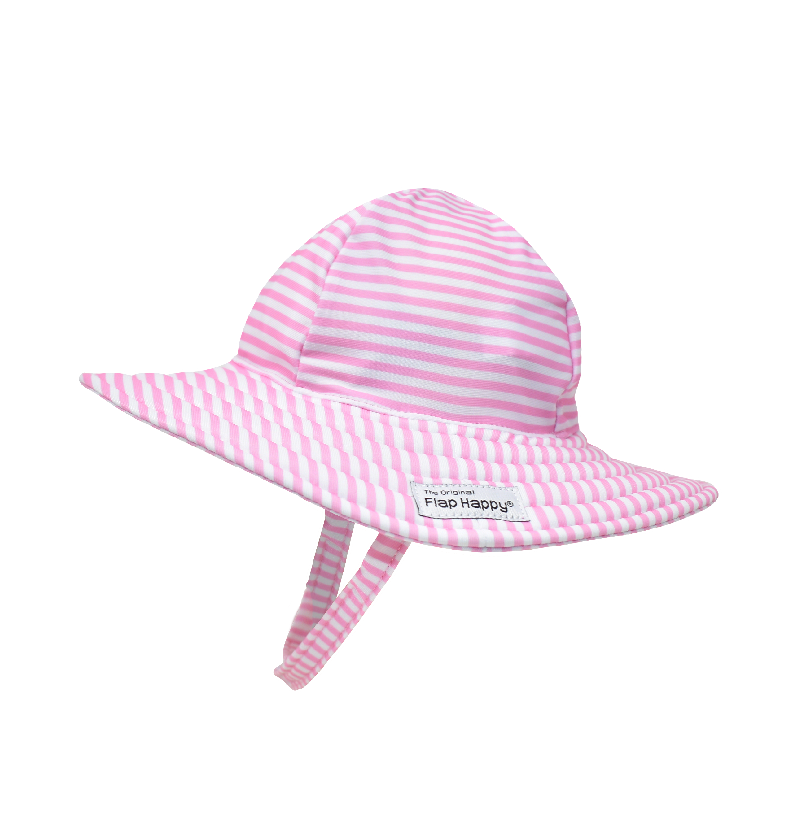 UPF 50+ Summer Splash Swim Hat - Sweet Pink Stripe. Hat made of light pink and white striped fabric. Velcro chin strap.
