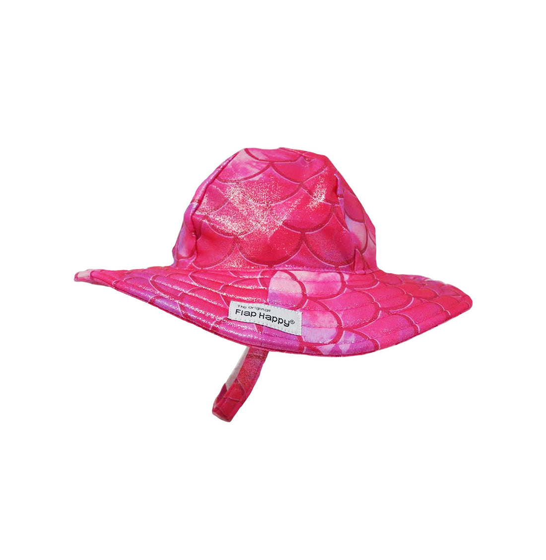 Flap Happy Kids UPF 50+ Summer Splash Swim Hat in Pink Splash for sun protection. The Print is pink with mermaid scales. 