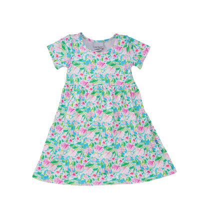 Flap Happy Kids UPF 50+ Short sleeve tee dress Lotus and Lillies for sun protection. The print has green Lotus and pink Lillies.