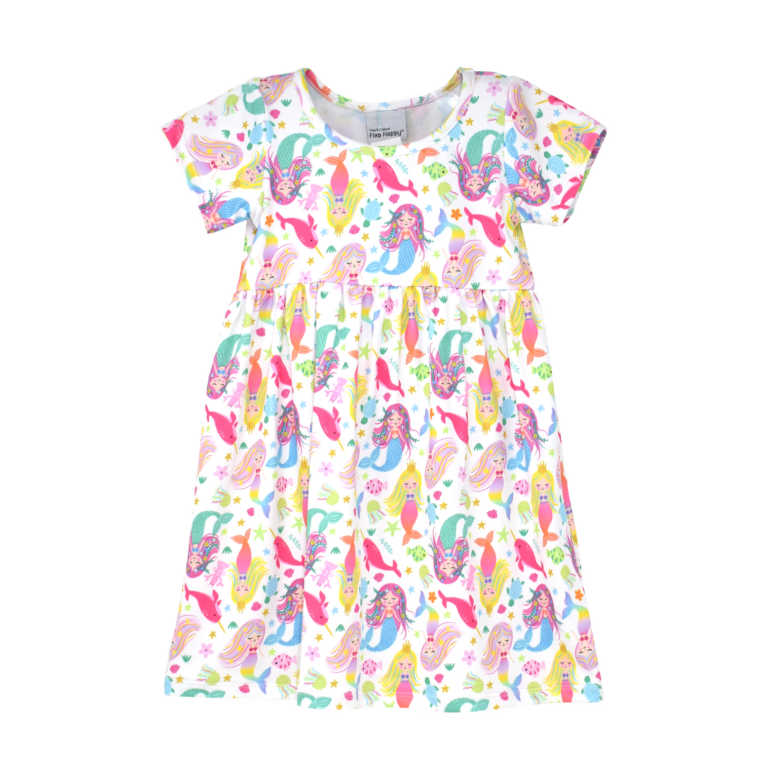 UPF 50+ Laya Short Sleeve Tee Dress - Mermaid Bliss, white dress with multicolor pink, green, rainbow and blue-tailed mermaids, pink narwhales, and colorful starfish, fish, shells, jellyfish and turtles.