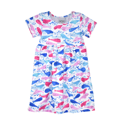 UPF 50+ Laya Short Sleeve Tee Dress - Rosy Whales, white dress with watercolor whales and fish in shades of light and dark blue, and light and dark pink.