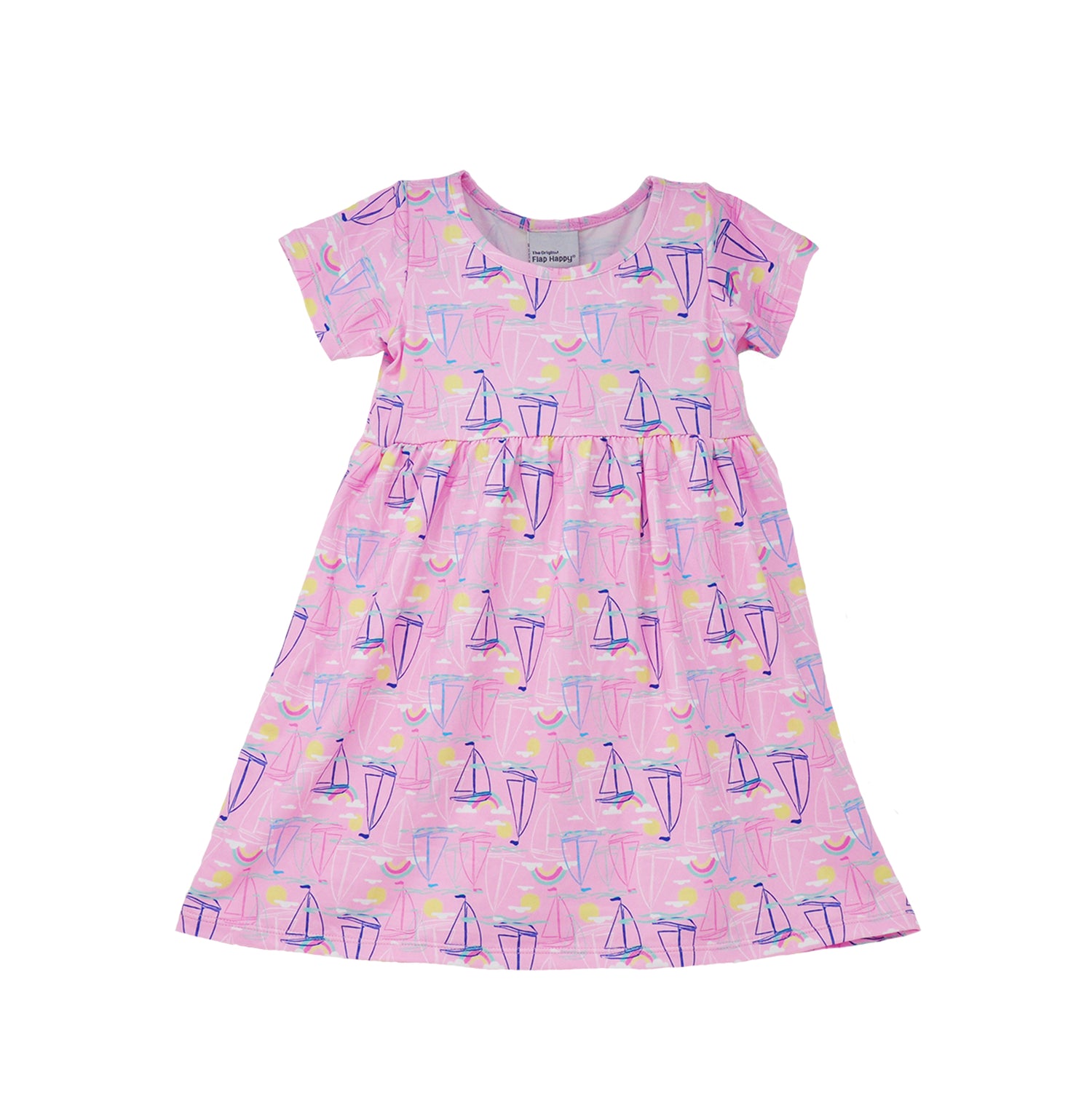 Flap Happy Kids UPF 50+ Short sleeve tee dress Sail Away for sun protection. The print has Blue, Pink and white sail boats. surrounded by bright yellow suns and color rainbows.