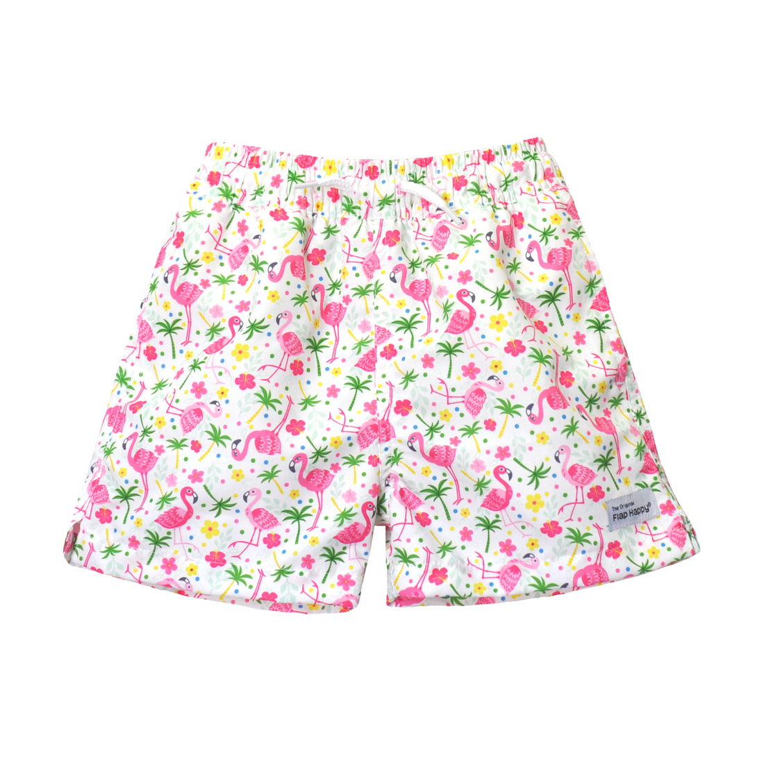 UPF 50+ Wesley Swim Trunks with Mesh Liner - White swim trunks with light and dark pink flamingos, green palm trees, pink and yellow hibiscus flowers, and multicolor polka dots. White drawstring.