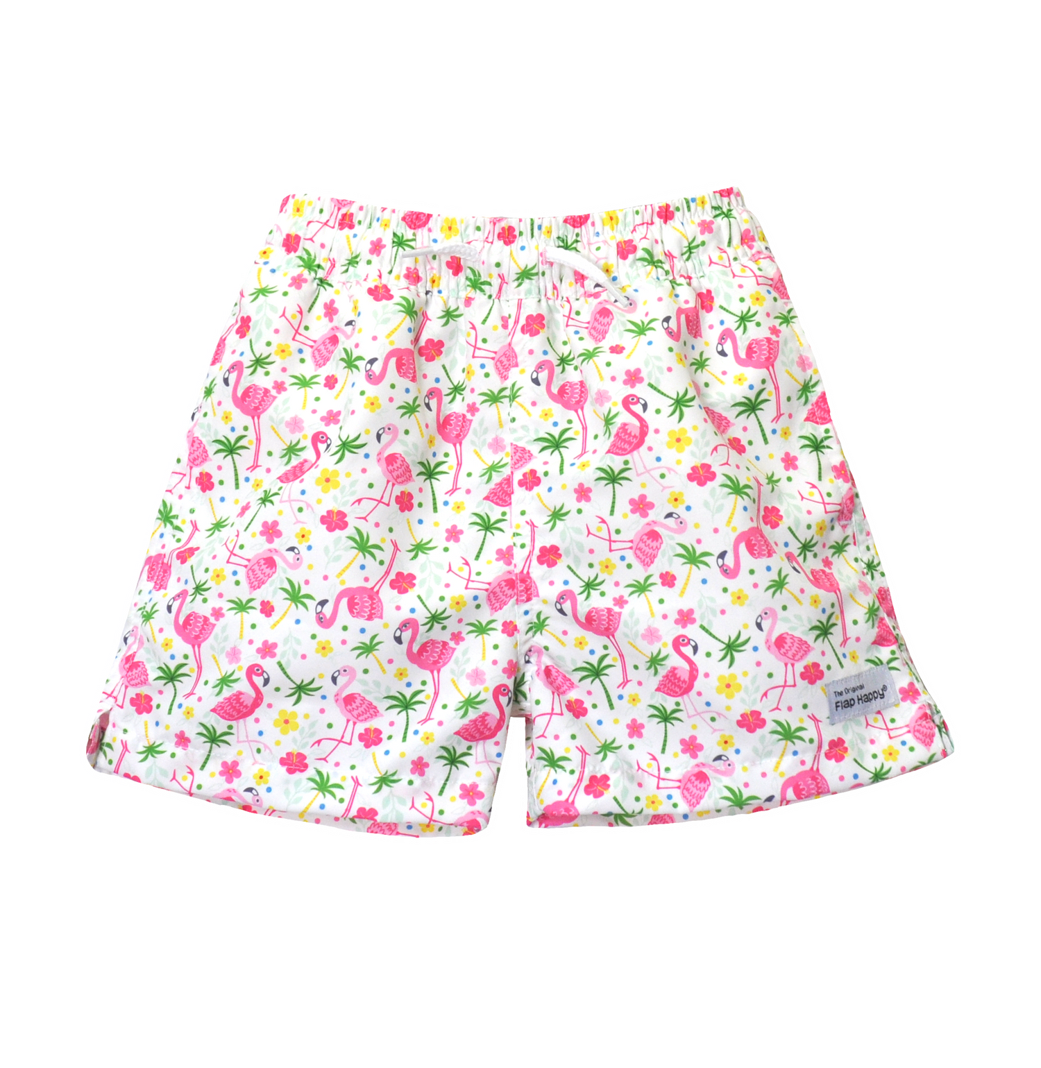 UPF 50+ Wesley Swim Trunks with Mesh Liner - White swim trunks with light and dark pink flamingos, green palm trees, pink and yellow hibiscus flowers, and multicolor polka dots. White drawstring.