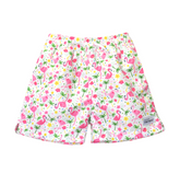UPF 50+ Wesley Swim Trunks with Mesh Liner - White swim trunks with light and dark pink flamingos, green palm trees, pink and yellow hibiscus flowers, and multicolor polka dots. White drawstring.