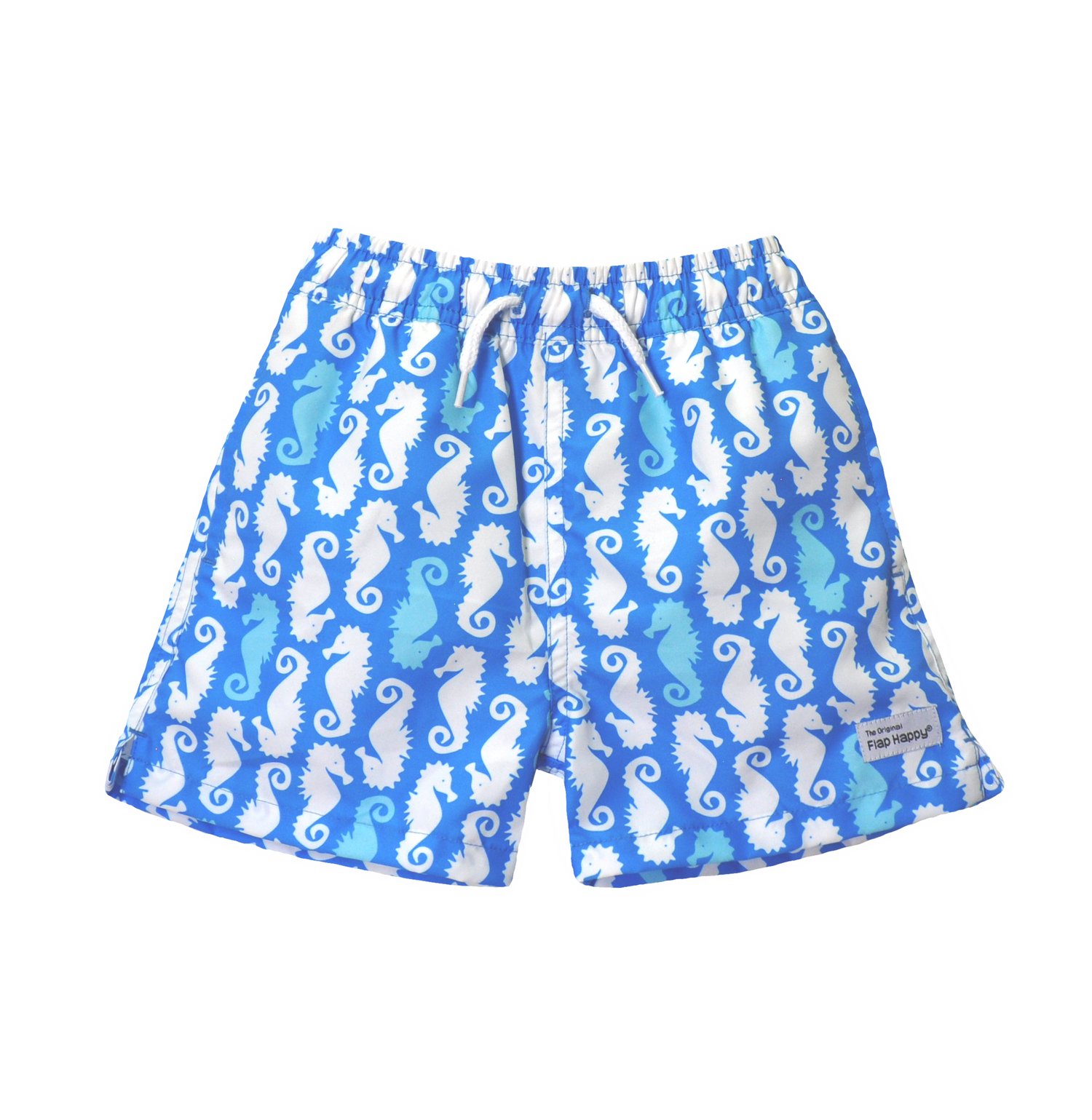 UPF 50+ Wesley Swim Trunks with Mesh Liner - Seahorse Parade Blue. Blue swim trunks with light blue and white seahorses. White drawstring.
