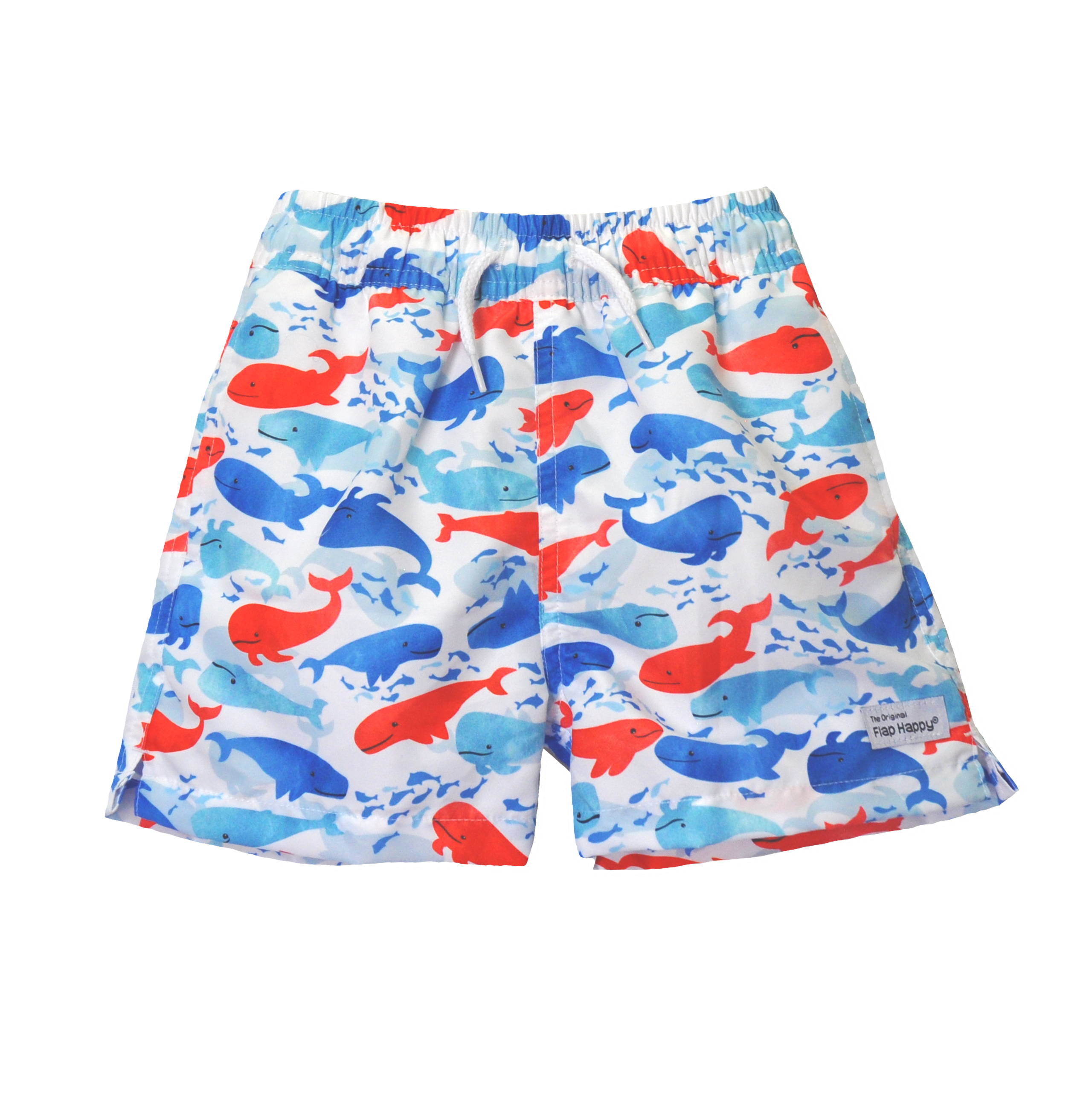 UPF 50+ Wesley Swim Trunks with Mesh Liner - Splish Splash Whale Blue. White swim trunks with red, light blue and dark blue watercolor whales. White drawstring.