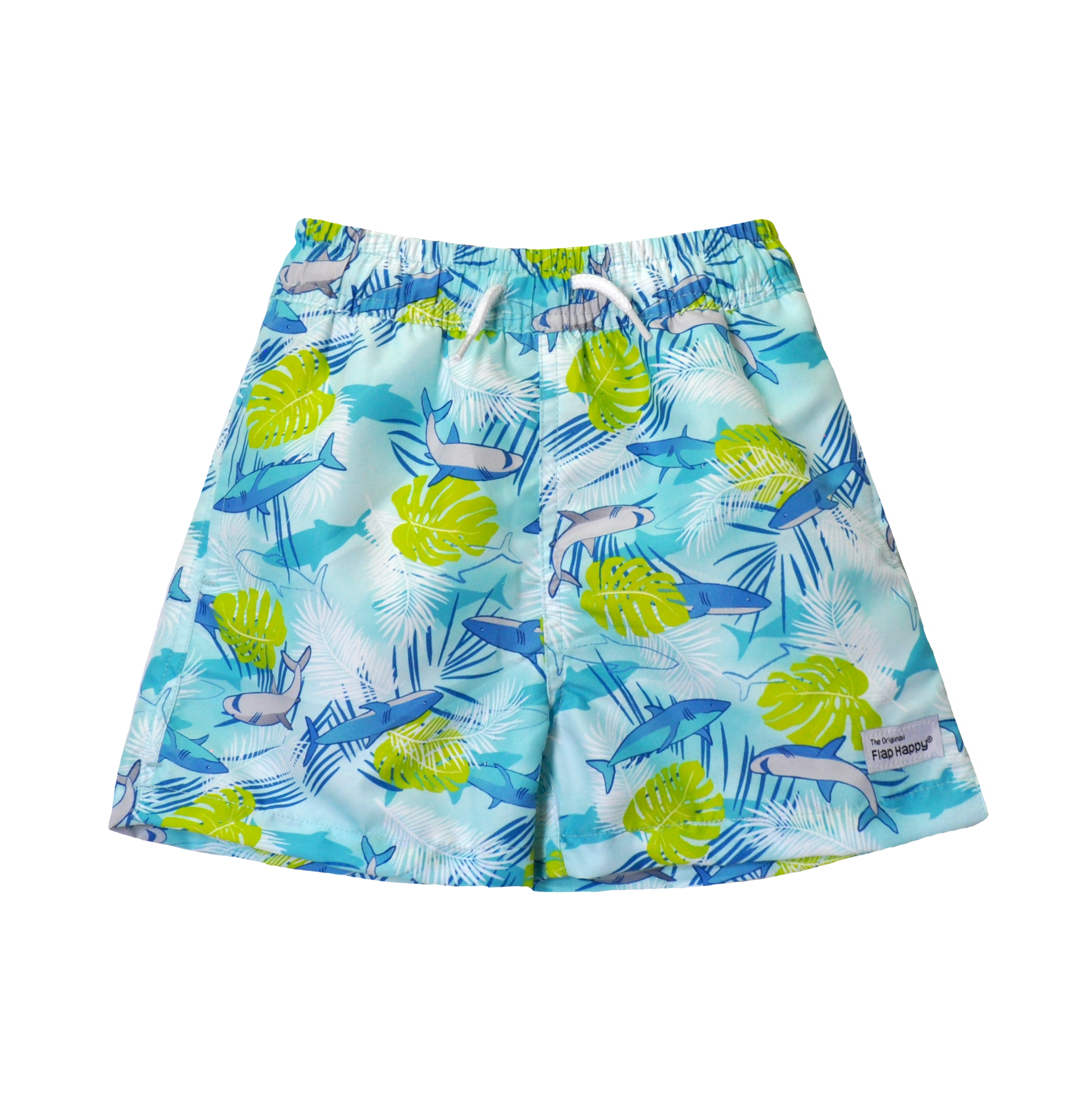 UPF 50+ Wesley Swim Trunks with Mesh Liner - Undersea Paradise. Light blue swim trunks with grey and blue sharks, bright green palm leaves, and navy and white palm fronds. White drawstring.