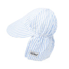A light blue and white seersucker striped sun hat with a neck flap, shown on a plain white background. A sewn label reading “The Original Flap Happy” is visible on the neck flap.