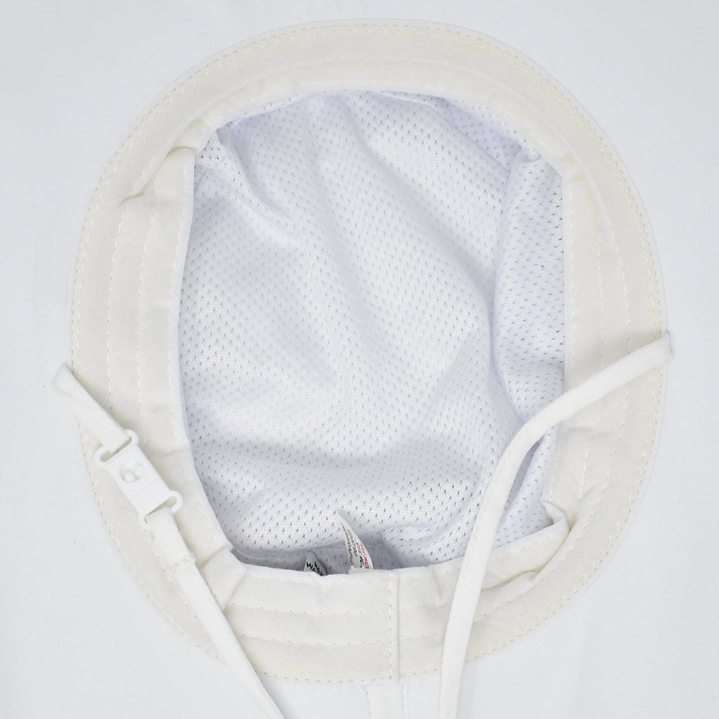 Close-up of the inside of a white sun hat  showing a white mesh lining, adjustable strap, and stitched edge on a white background.