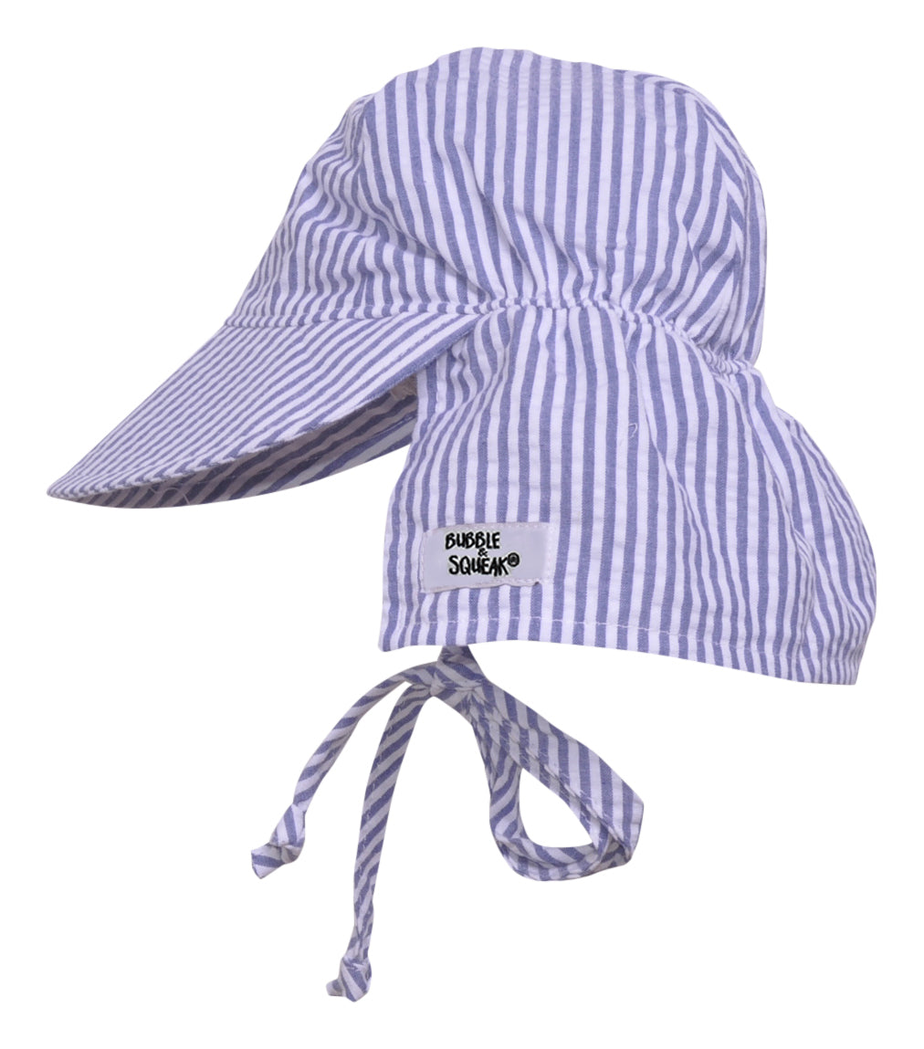 UPF 50+Original Flap Hat with Ties (Bubble &amp; Squeak) - Blue / Chambray Stripe Seersucker