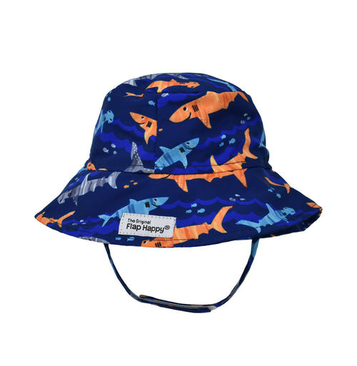 UPF 50+ Bucket Hat - Artsy Shark, navy hat with orange, blue, and grey cartoon sharks