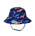 UPF 50+ Bucket Hat - Artsy Shark, navy hat with orange, blue, and grey cartoon sharks