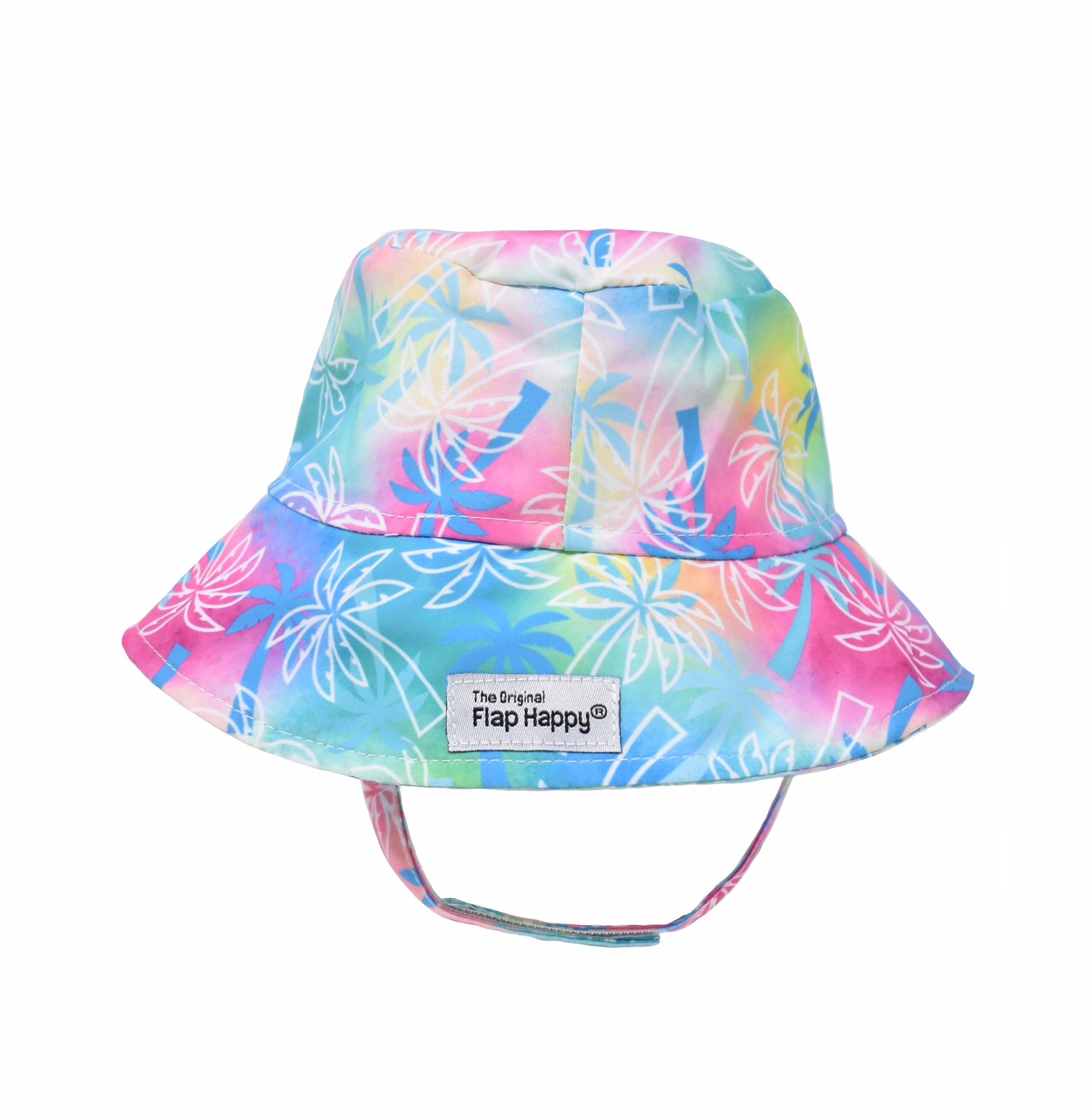 UPF 50+ Bucket Hat - Palm Paradise Blue, multicolored hat with blue and white palm trees