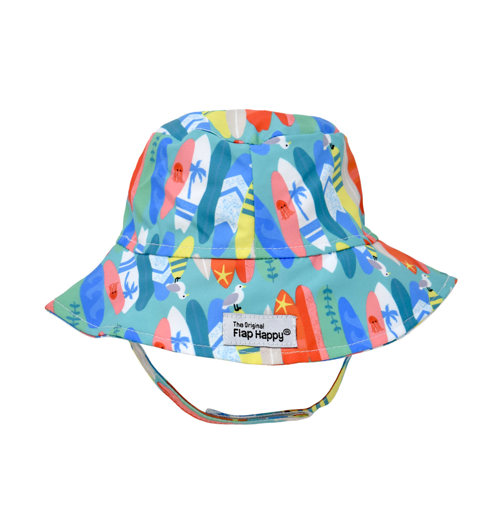 UPF 50+ Surfing Safari, teal hat with orange, green, blue, and yellow surfboards