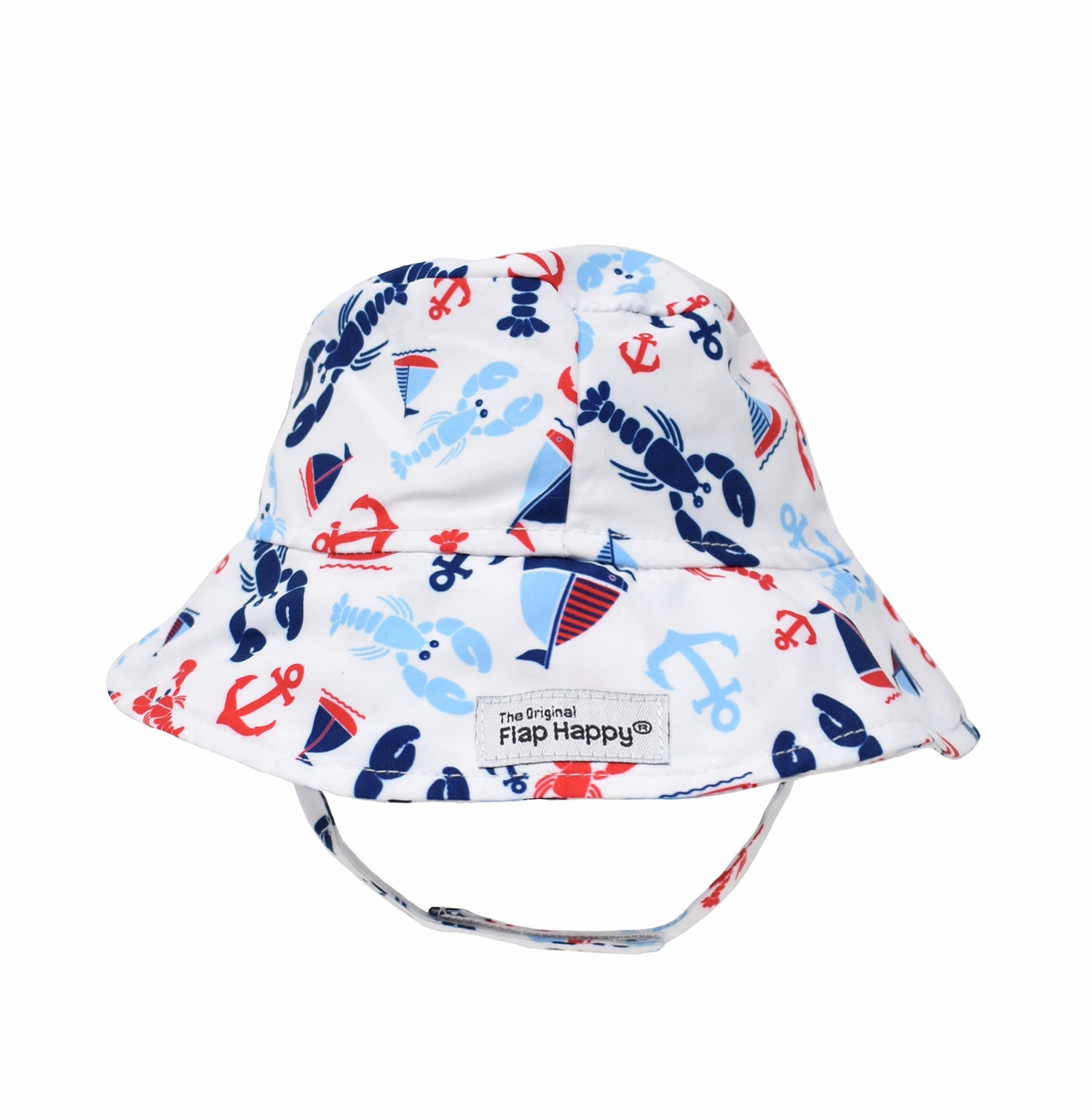 UPF 50+ Bucket Hat - Sunday Sails, white hat with red and blue lobsters, sailboats, and anchors