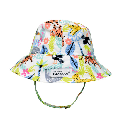 UPF 50+ Bucket Hat – Wild Jungle, white bucket sunhat with cartoon orange tigers, yellow cheetahs, grey sloths, black toucans, and multicolored leaves
