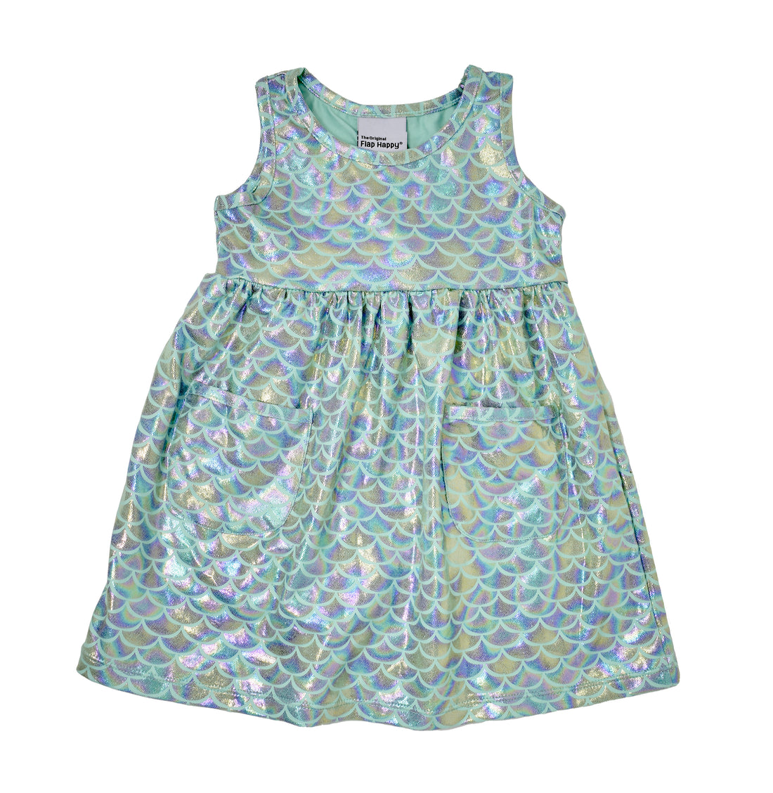 UPF 50+ Dahlia Sleeveless Tee Dress - Fairy Tale Scales, teal dress with sparkly, holographic, glitter mermaid scales