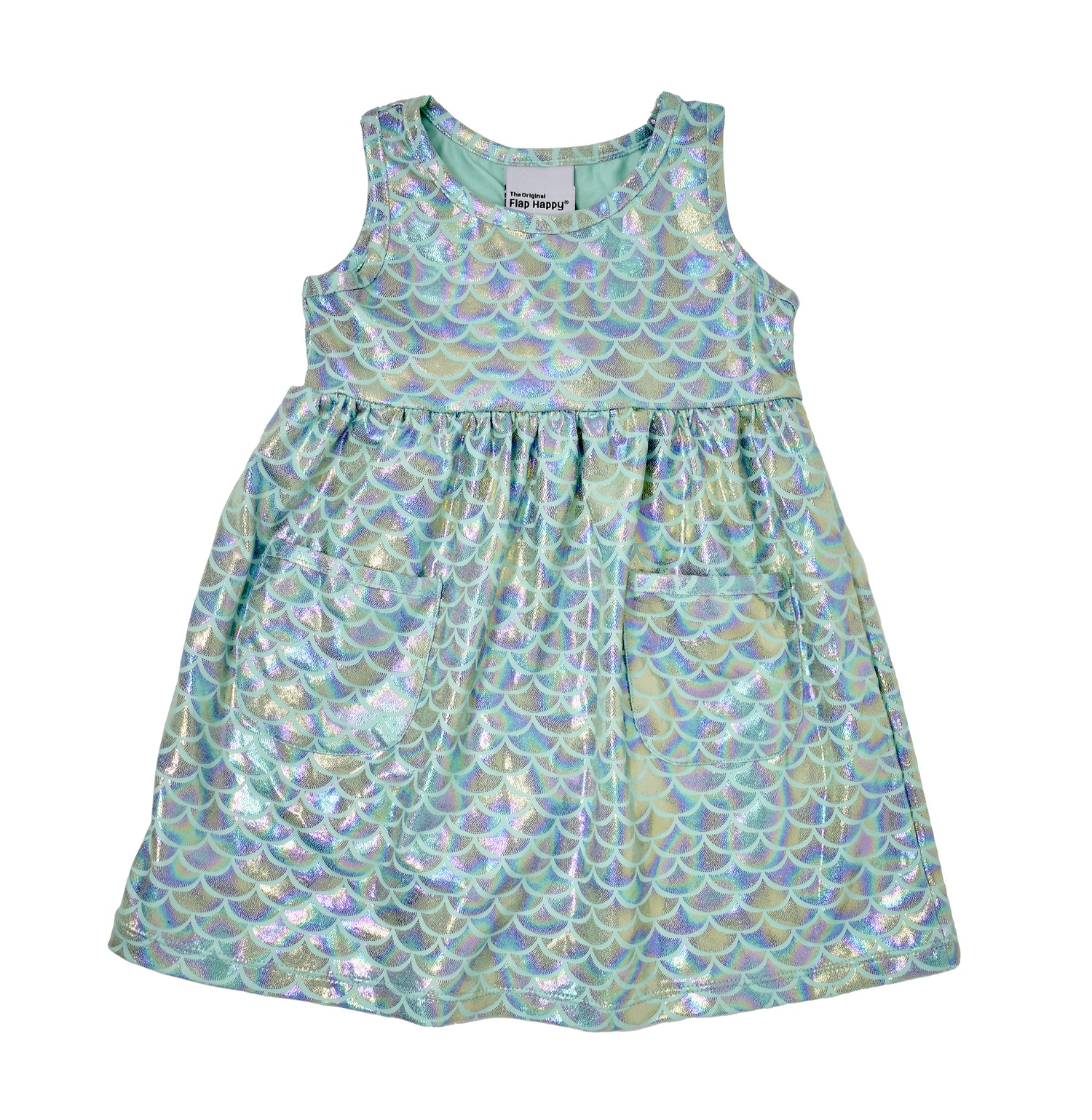 UPF 50+ Dahlia Sleeveless Tee Dress - Fairy Tale Scales, teal dress with sparkly, holographic, glitter mermaid scales
