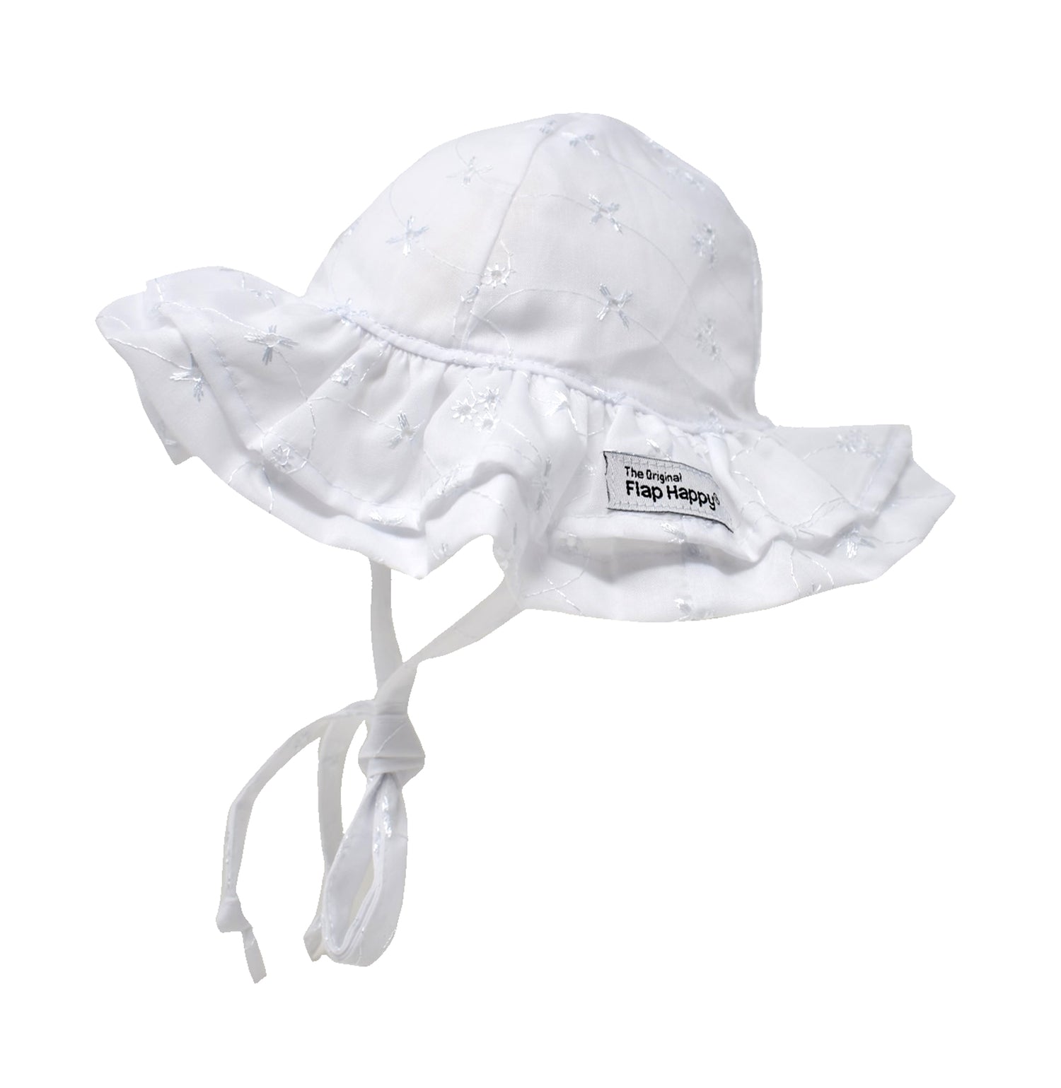 white eyelet double ruffle hat with chin ties for kids
