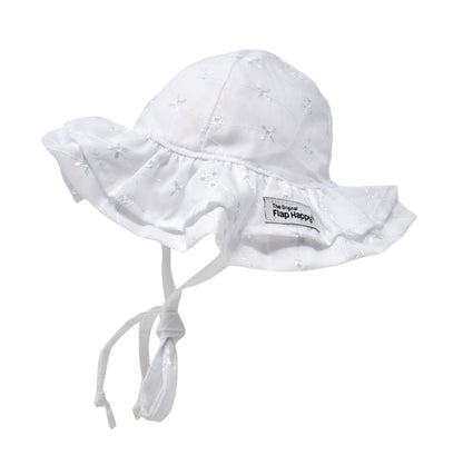 white eyelet double ruffle hat with chin ties for kids