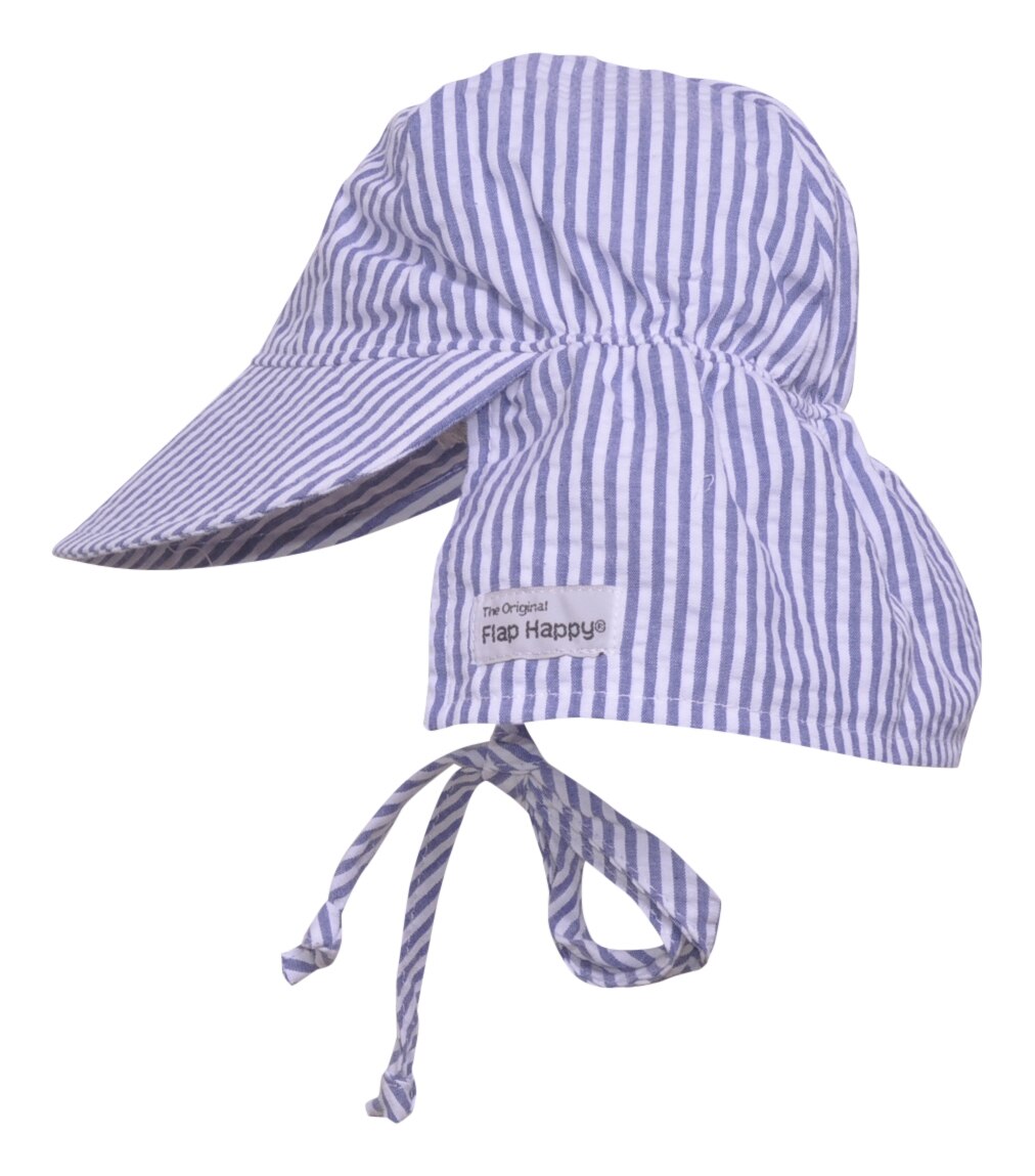UPF 50+Original Flap Hat with Ties (Basics) - Chambray Stripe Seersucker
