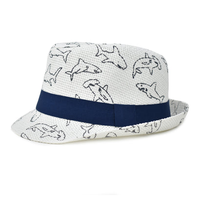 UPF 50+ Fedora Club Hat - Ocean Club, white with cartoon shark print and navy blue band