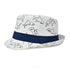 UPF 50+ Fedora Club Hat - Ocean Club, white with cartoon shark print and navy blue band