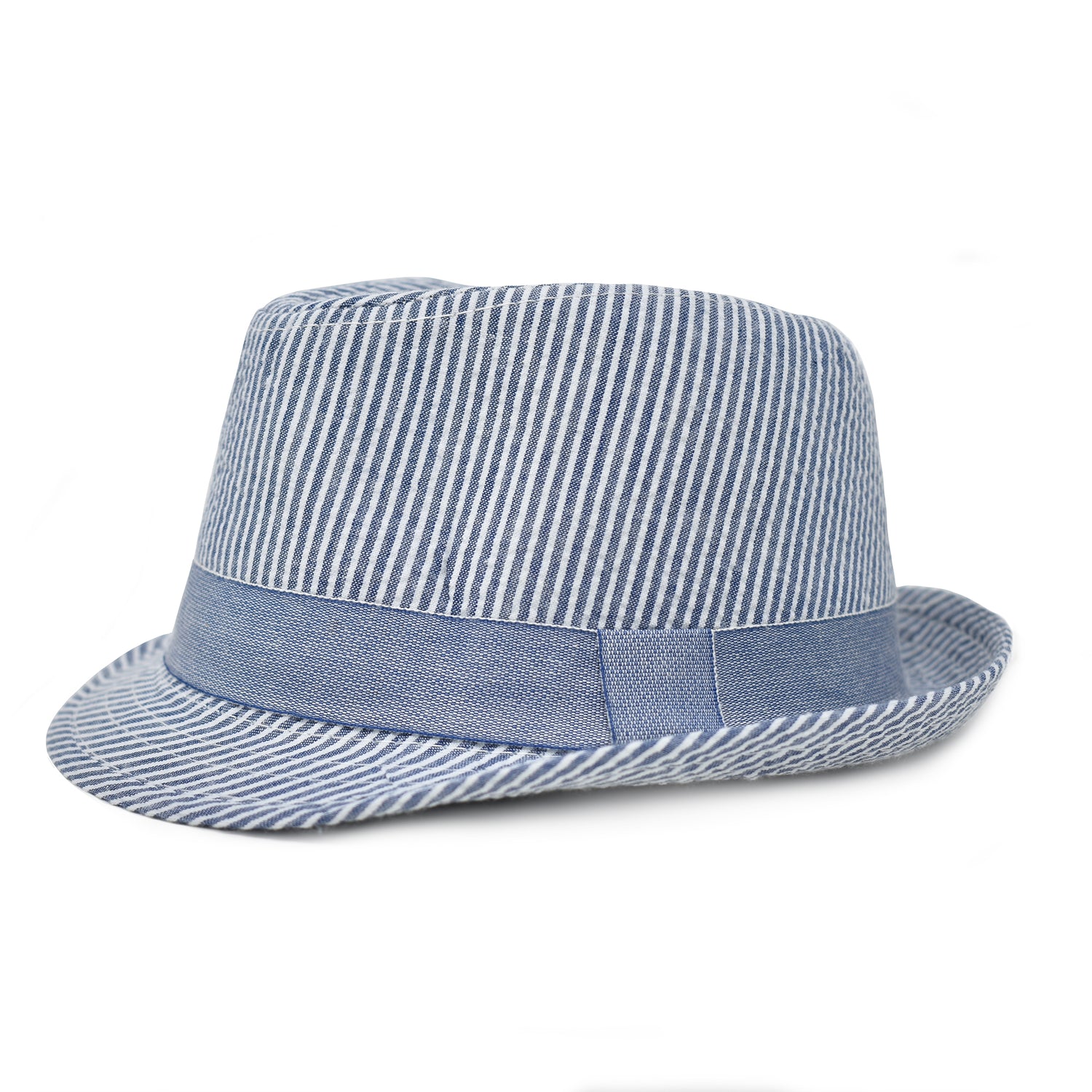 UPF 50+ Fedora Club Hat - Chambray Stripe Seersucker, white and blue stripes with chambray band