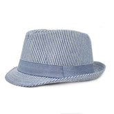 UPF 50+ Fedora Club Hat - Chambray Stripe Seersucker, white and blue stripes with chambray band